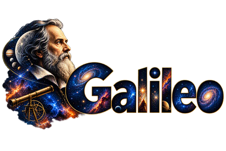 Galileo — a portrait of Galileo Galilei beside a brass telescope, with the name set in a nebula-filled typeface