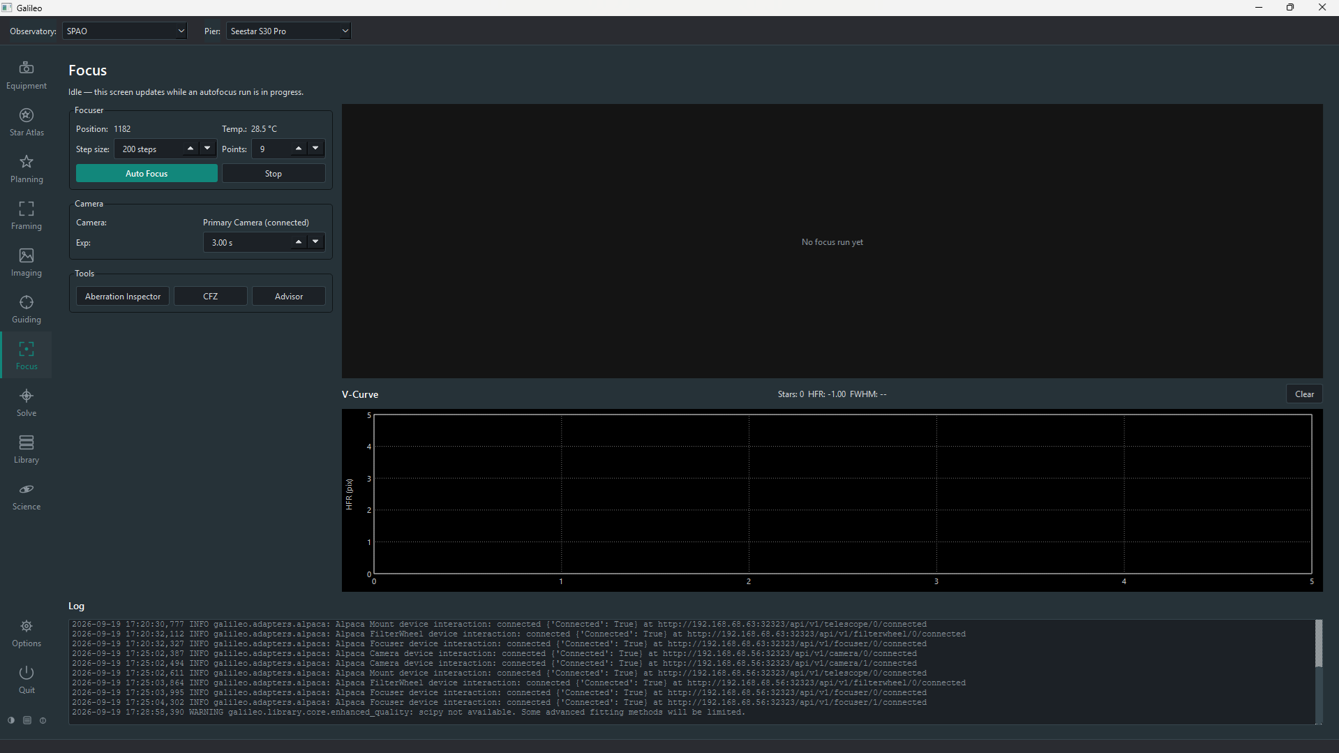 Focus screen with focuser controls and an empty V-curve plot.