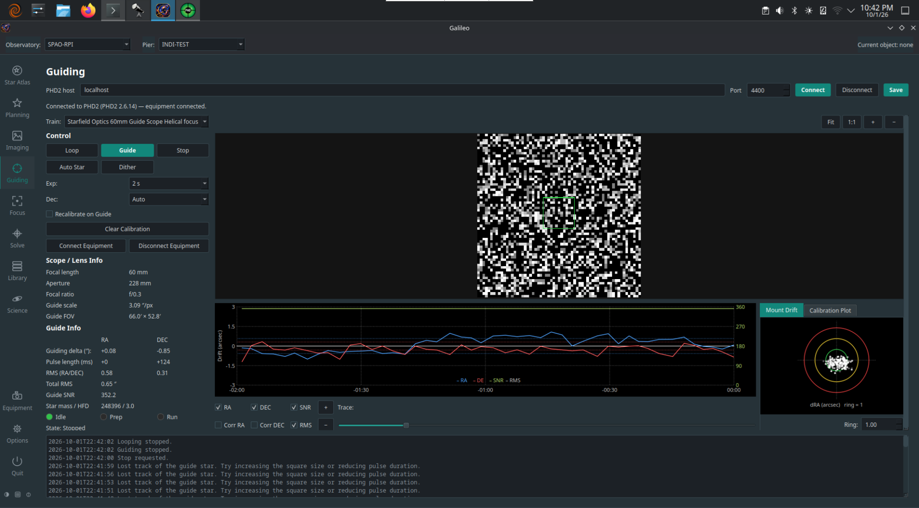 Guiding screen connected to PHD2.