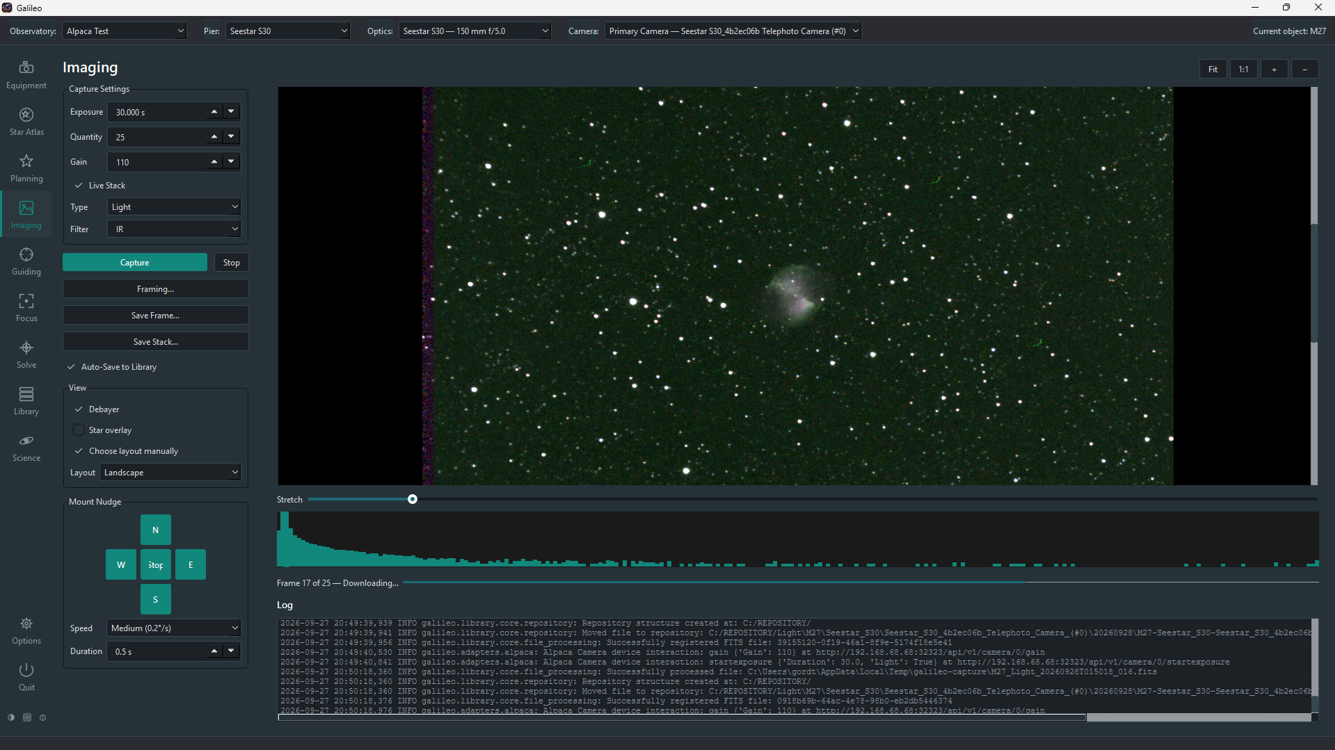 Imaging screen with capture settings, view options and statistics.