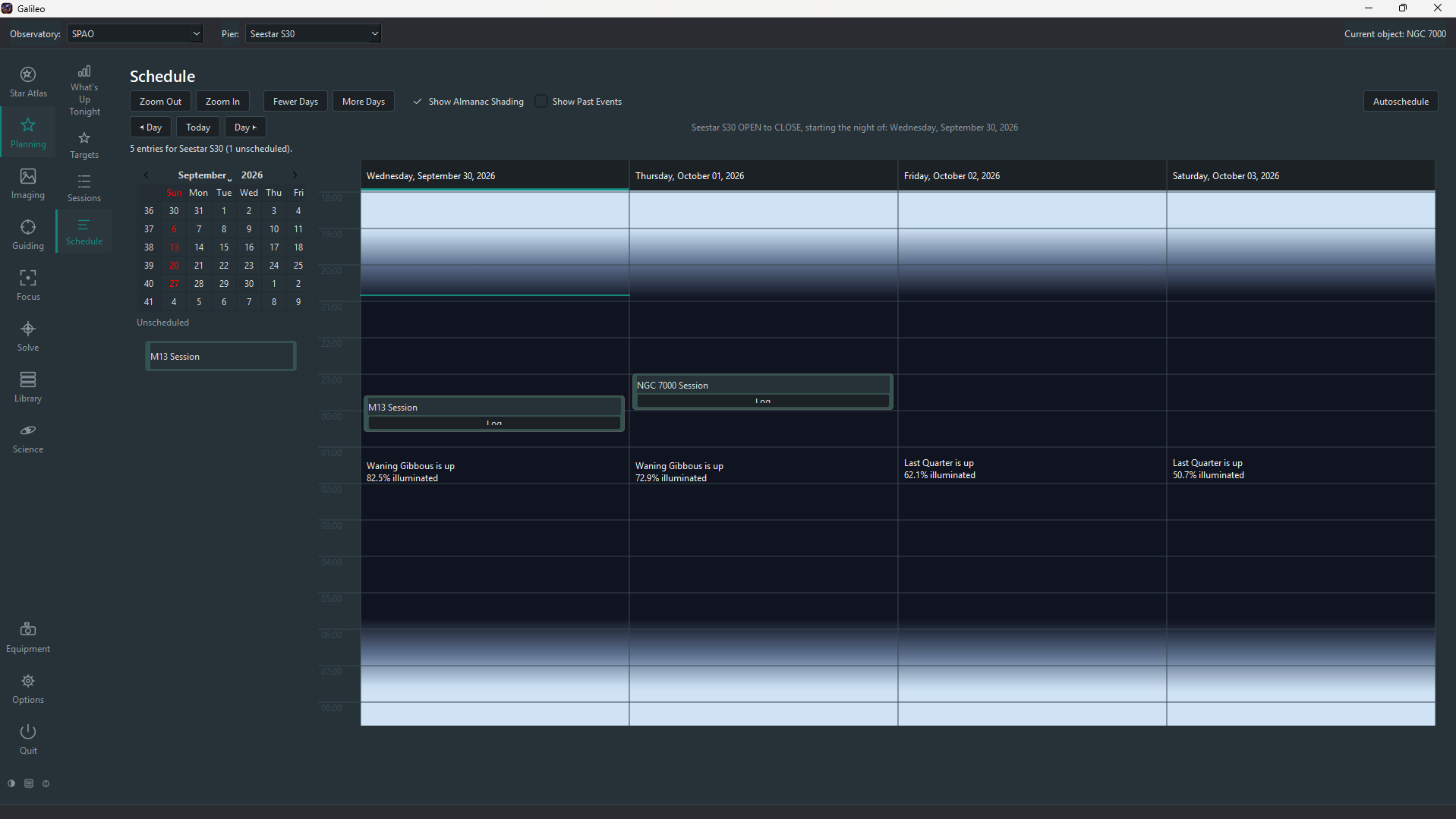 Schedule calendar with multi-day grid and almanac shading.