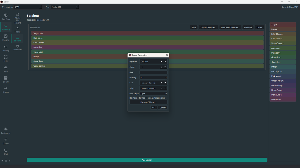 Sessions screen with drag-and-drop block palette.